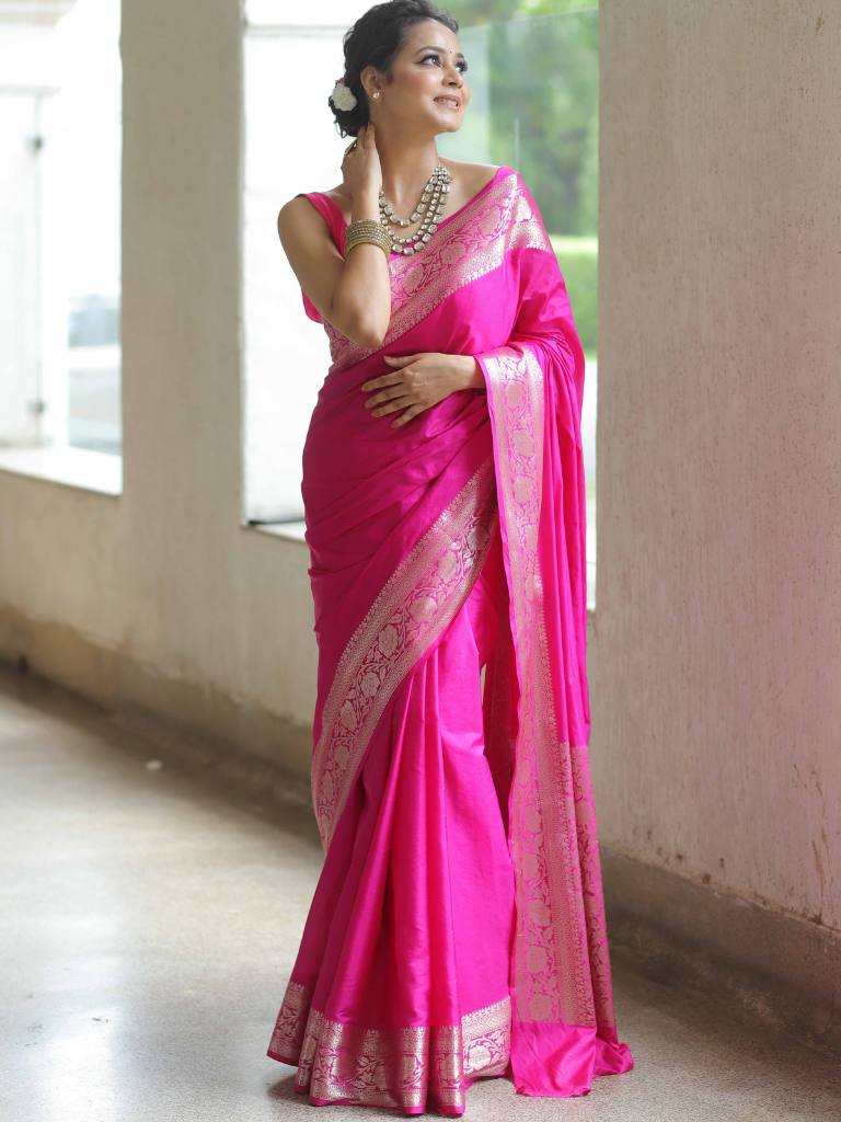 Banarasee Handwoven Semi Silk Saree With Silver Zari Border-Pink