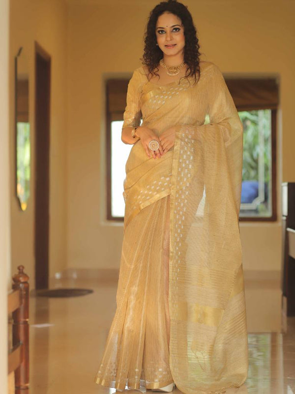 Banarasee Linen Tissue Sona Rupa Zari Work Saree-Gold