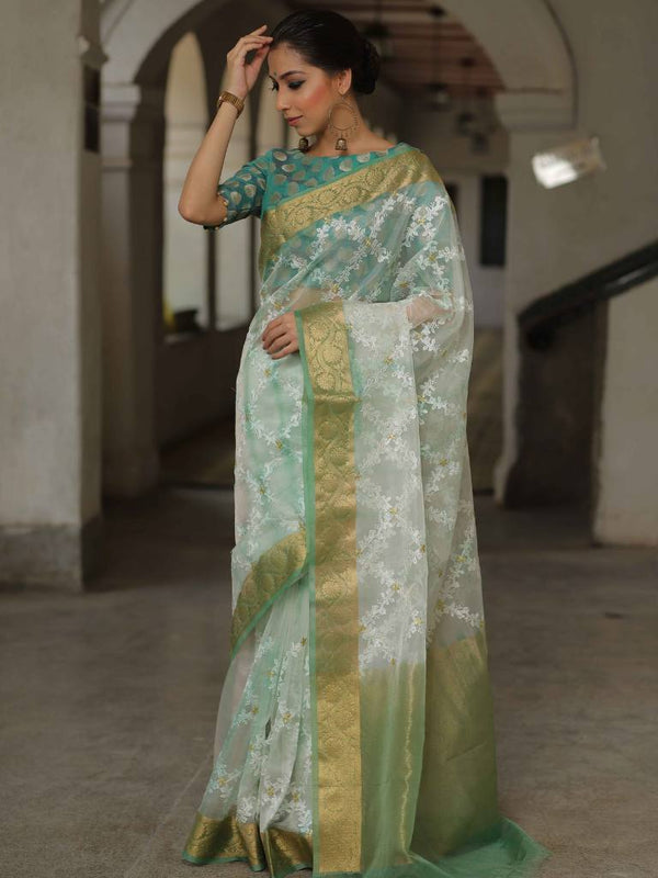 Banarasee Handwoven Organza Silk With Embroidered Saree-Green & White