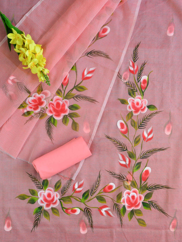 Banarasee Kota Doria Hand-Painted Salwar Kameez With Dupatta Set-Pink