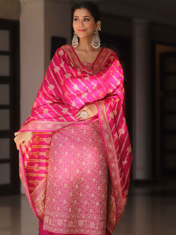 Banarasee Semi Katan Silk Salwar Kameez Fabric With Dupatta Zari Work-Pink