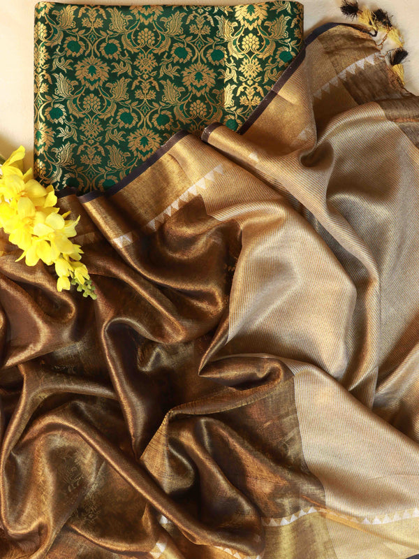 Banarasee Pure Linen By Tissue Metallic Shine Saree With Brocade Blouse-Black