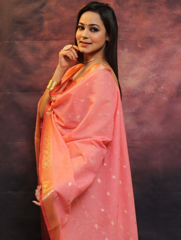 Banarasee Cotton Silk Salwar Kameez Fabric With Zari Work-Brown & Pink