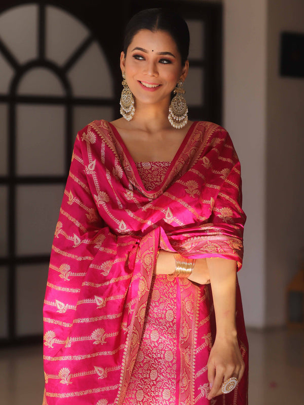 Banarasee Semi Katan Silk Salwar Kameez Fabric With Dupatta Zari Work-Pink