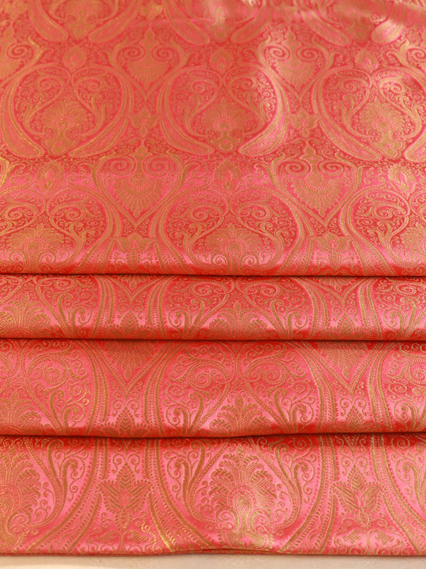 Banarasee Satin Brocade Gold Zari Jaal Design Fabric-Pink