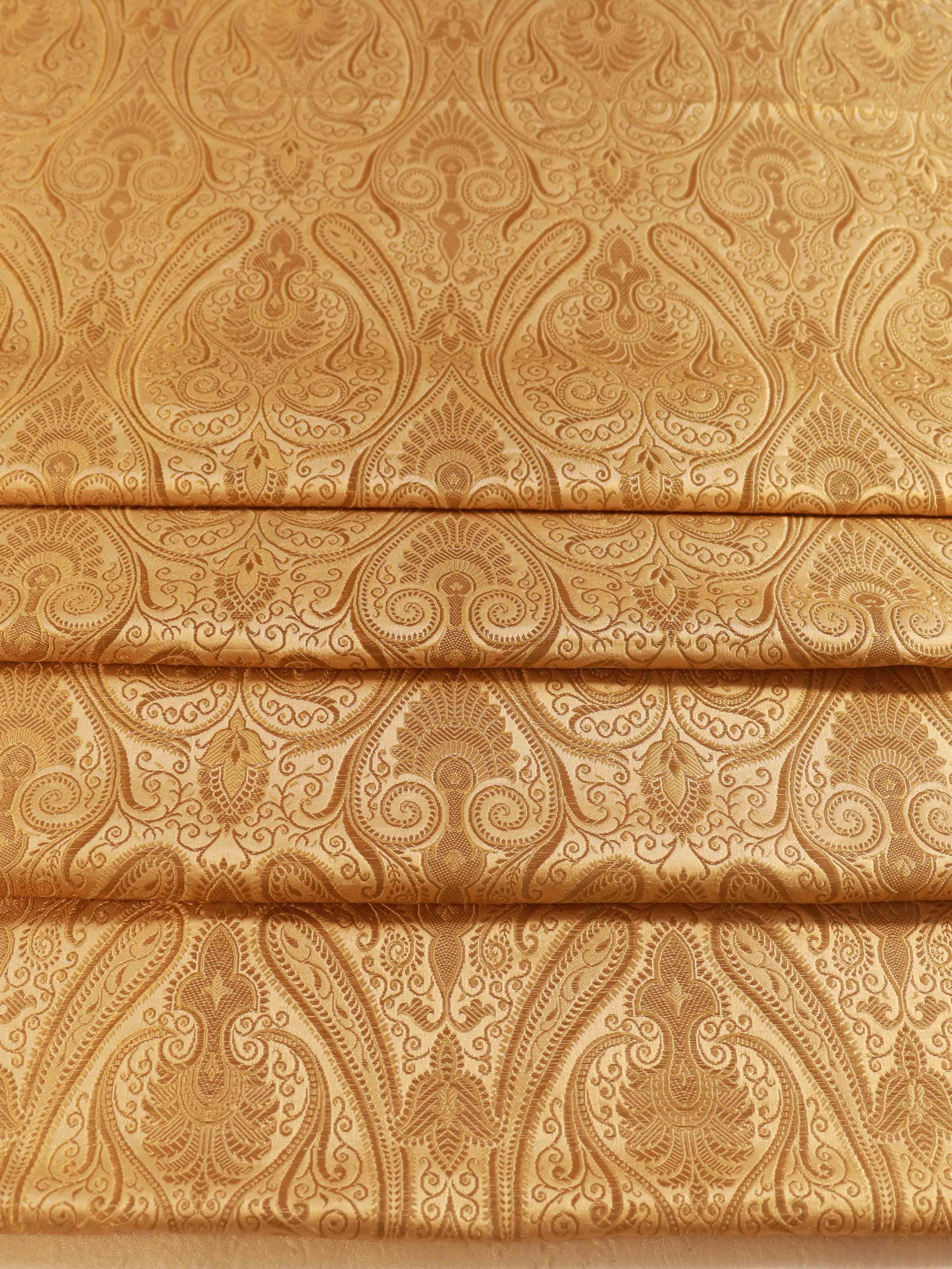 Banarasee Satin Brocade Gold Zari Jaal Design Fabric-Beige