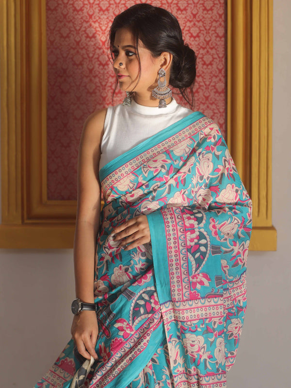Handloom Mul Cotton Hand-Block Print Saree-Blue