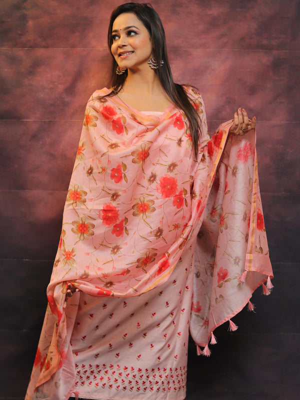 Banarasee Chanderi Cotton Embroidered Salwar Kameez Fabric With Digital Print Dupatta-Peach