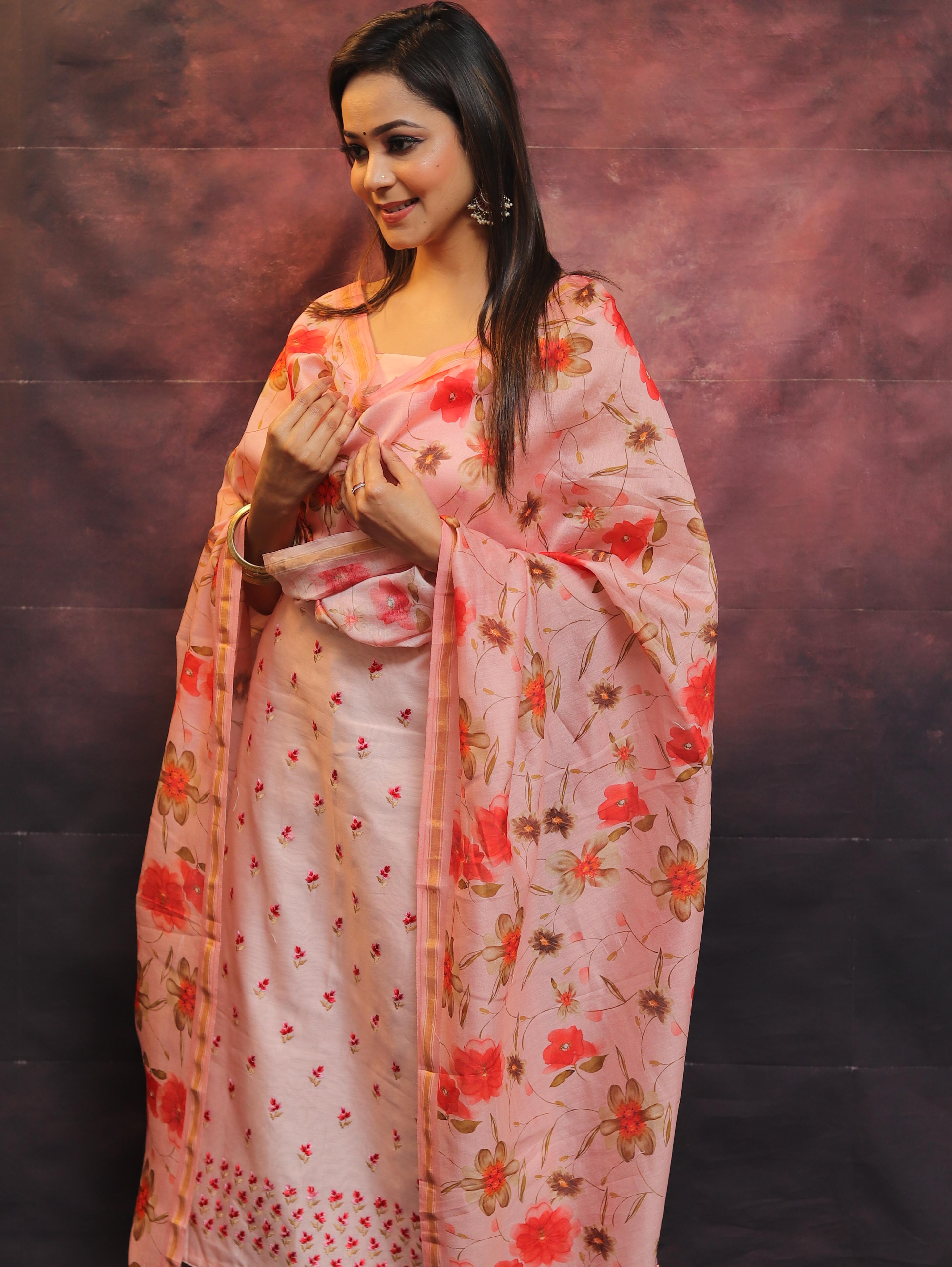 Banarasee Chanderi Cotton Embroidered Salwar Kameez Fabric With Digital Print Dupatta-Peach