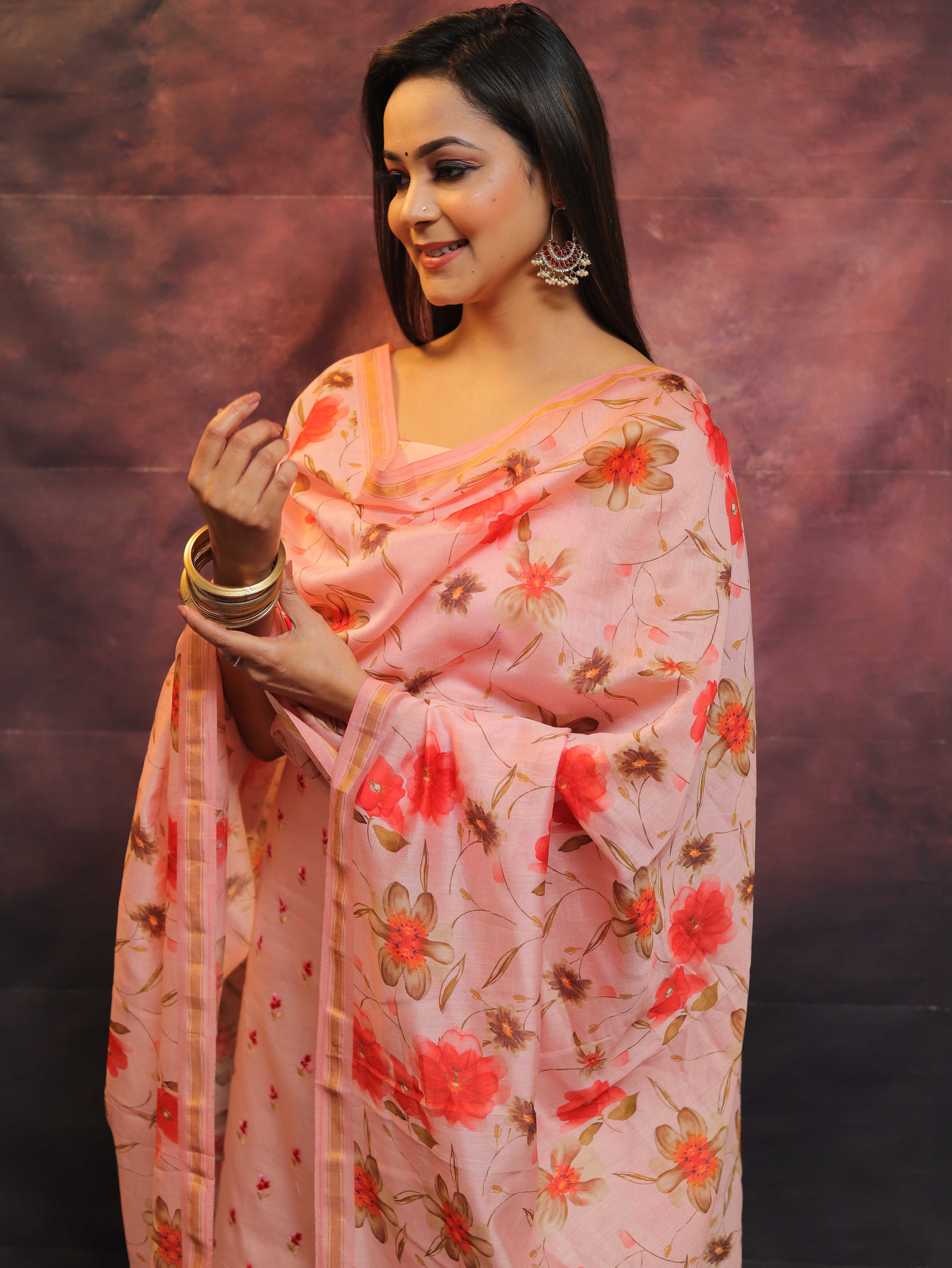 Banarasee Chanderi Cotton Embroidered Salwar Kameez Fabric With Digital Print Dupatta-Peach