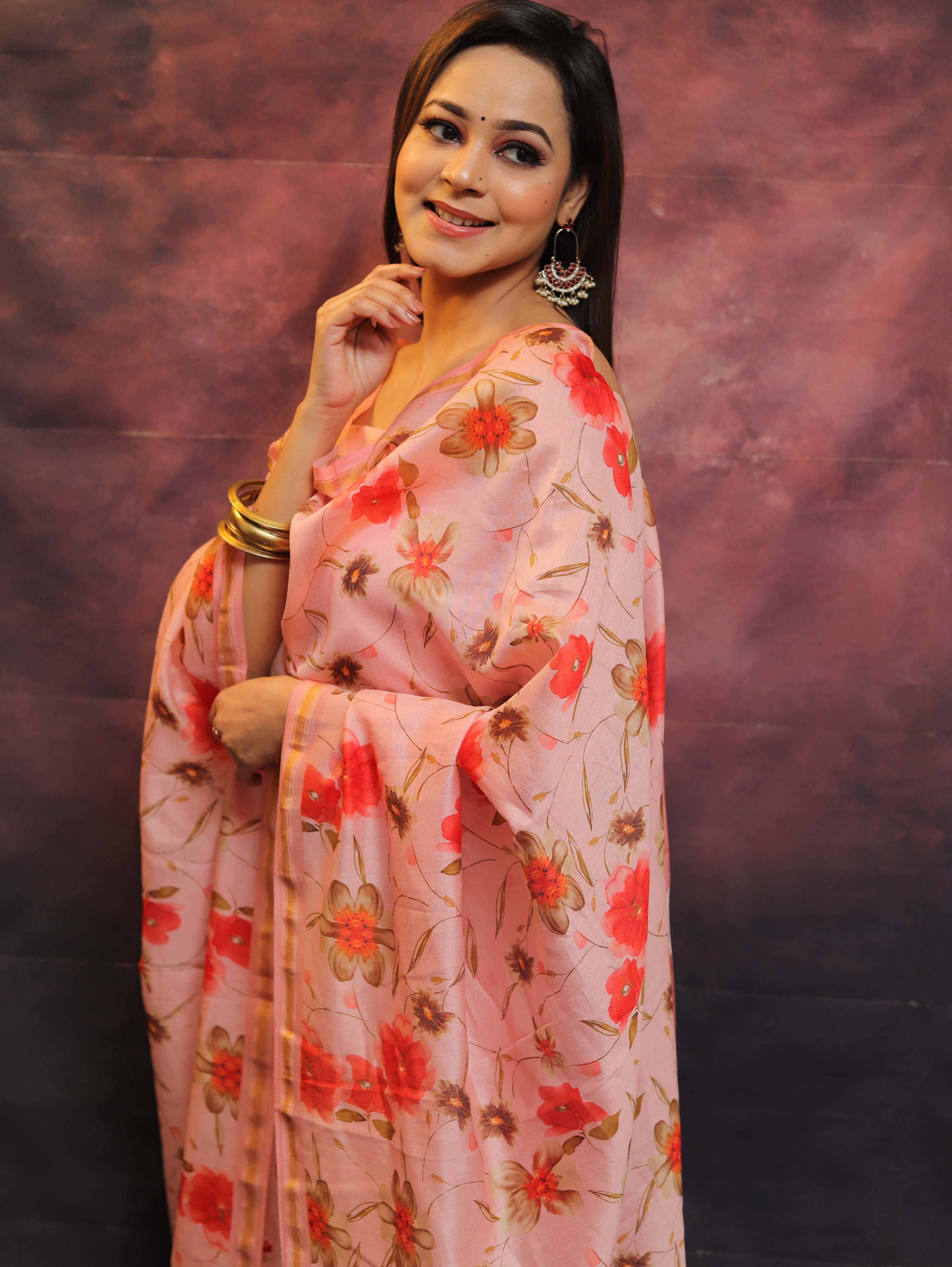 Banarasee Chanderi Cotton Embroidered Salwar Kameez Fabric With Digital Print Dupatta-Peach