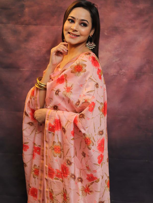 Banarasee Chanderi Cotton Embroidered Salwar Kameez Fabric With Digital Print Dupatta-Peach