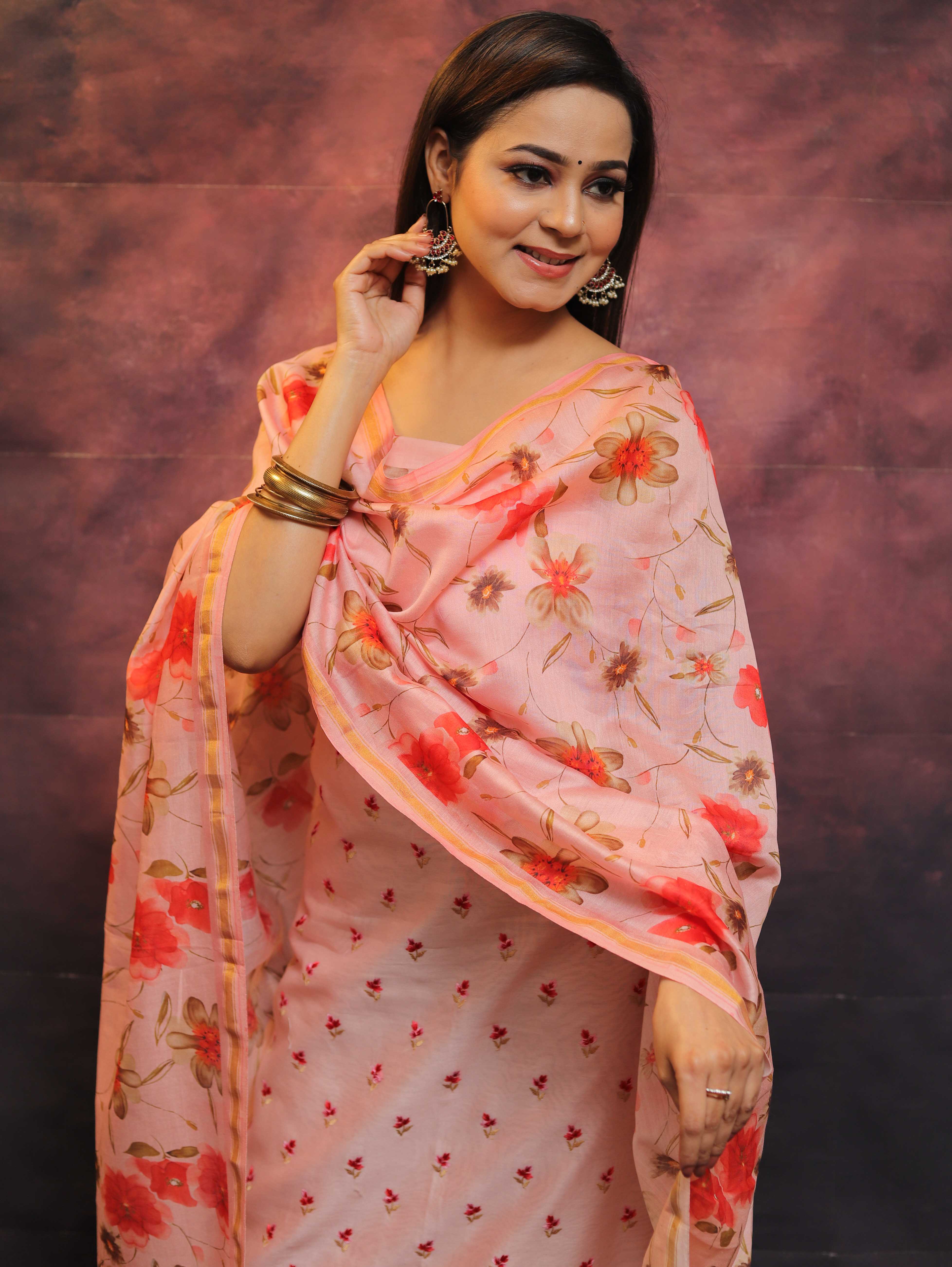Banarasee Chanderi Cotton Embroidered Salwar Kameez Fabric With Digital Print Dupatta-Peach