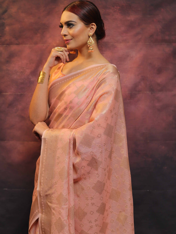 Banarasee Handwoven Pure Silk Cotton Saree With Antique Zari Buti & Border-Pink