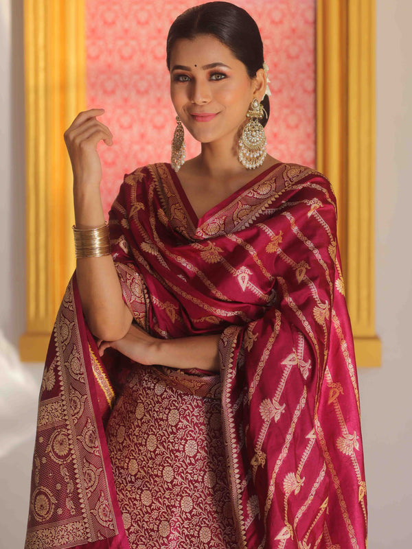 Banarasee Semi Katan Silk Salwar Kameez Fabric With Dupatta Zari Work-Magenta