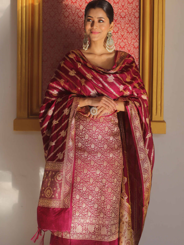 Banarasee Semi Katan Silk Salwar Kameez Fabric With Dupatta Zari Work-Magenta