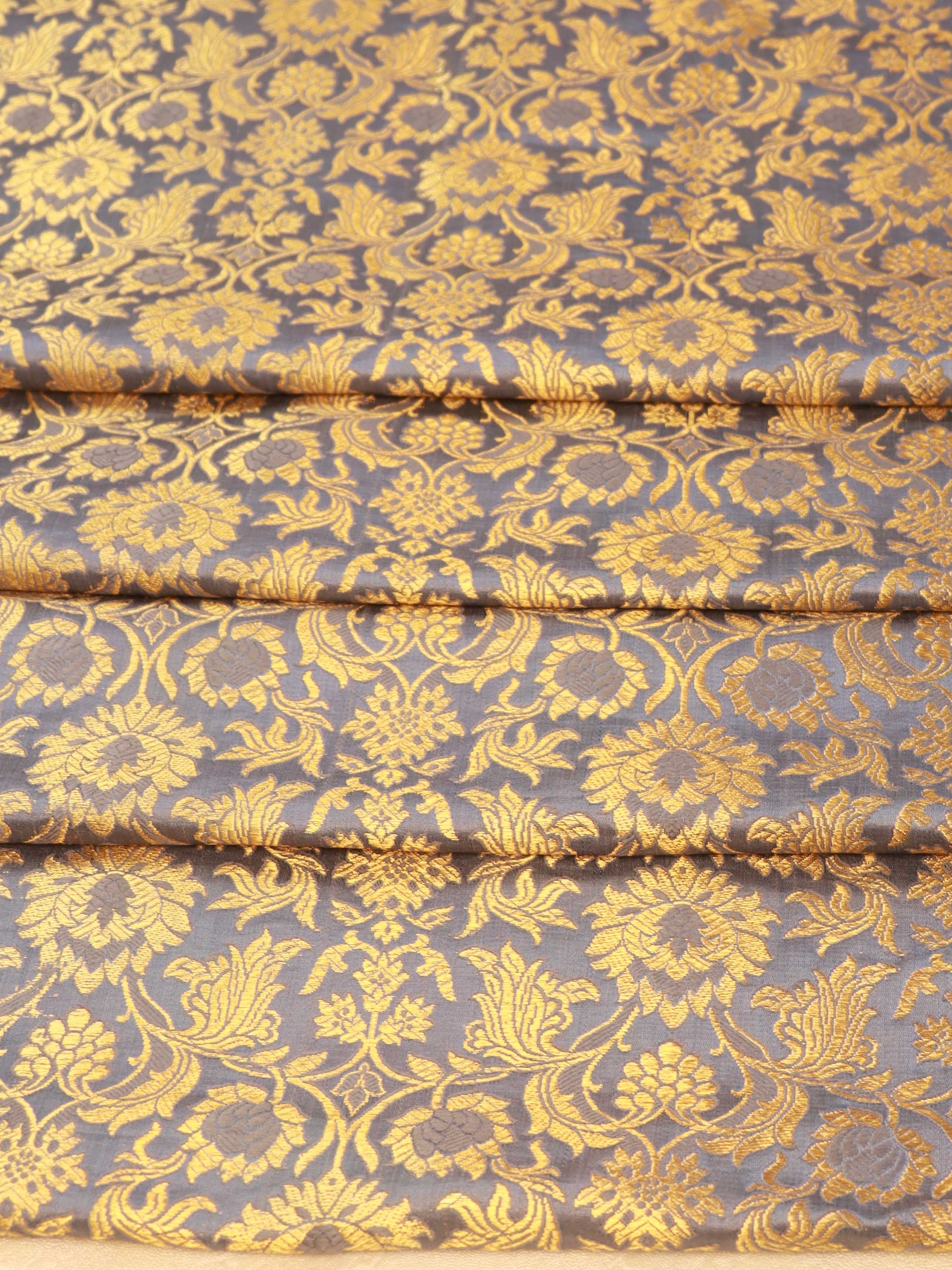 Banarasee Satin Brocade Gold Zari Jaal Design Fabric-Grey
