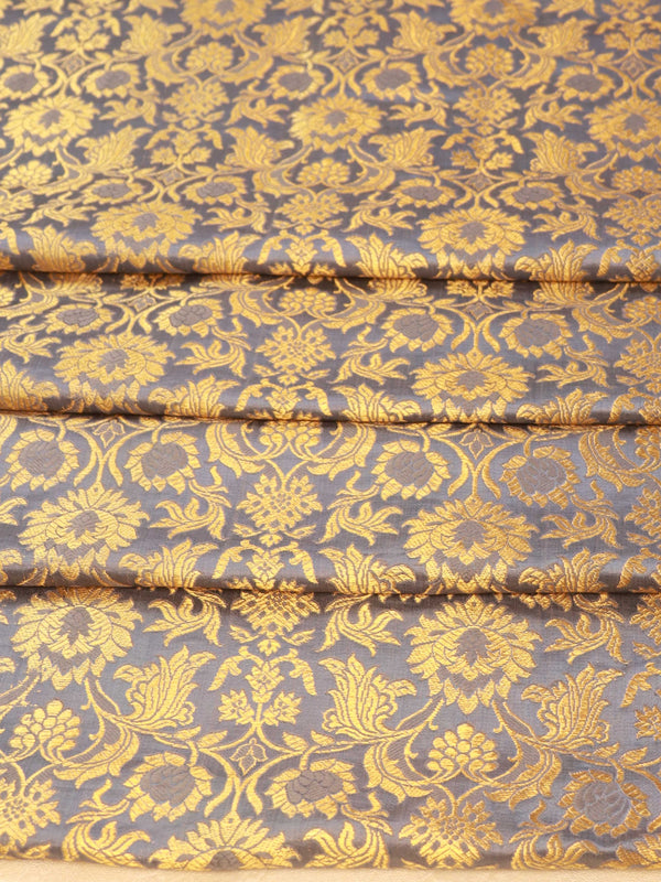 Banarasee Satin Brocade Gold Zari Jaal Design Fabric-Grey