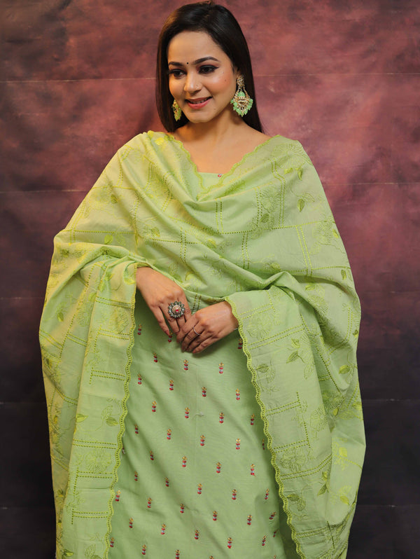Banarasee Chanderi Cotton Embroidered Salwar Kameez Fabric With Dupatta-Green