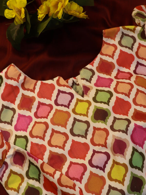 Pure Cotton Handblock Printed Blouse With Puff Sleeves-White