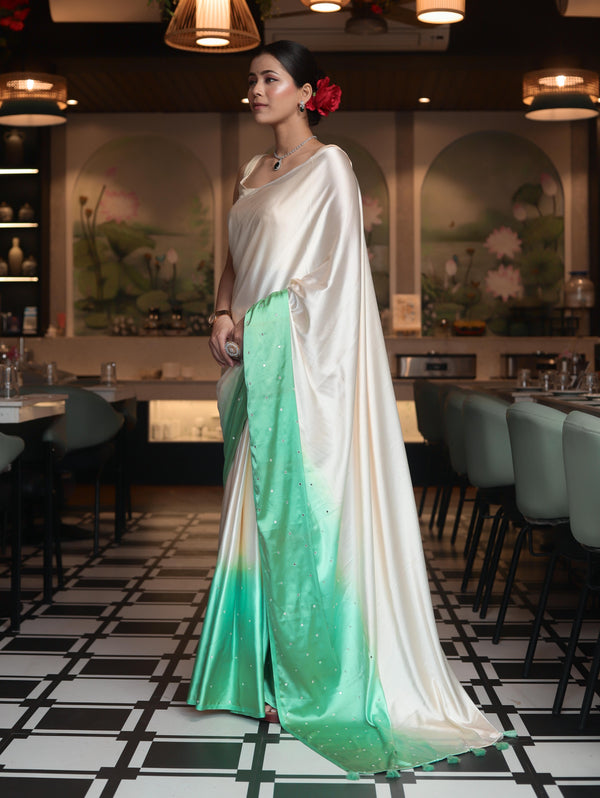 Banarasee Handloom Satin Hand Dyed Saree With Mirror Work-Light Yellow & Mint Green