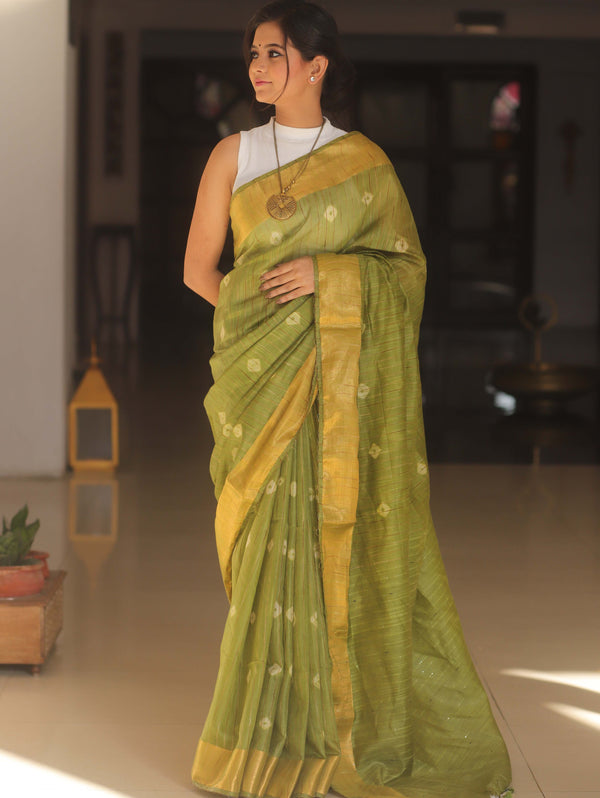 Bhagalpur Cotton Silk Ghichha Work Hand-Dyed Shibori Pattern Saree-Green