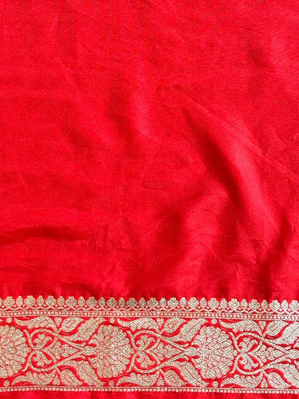 Banarasee Handwoven Faux Georgette Saree With Silver Zari Design-Red