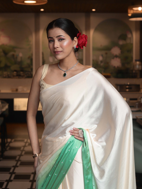 Banarasee Handloom Satin Hand Dyed Saree With Mirror Work-Light Yellow & Mint Green