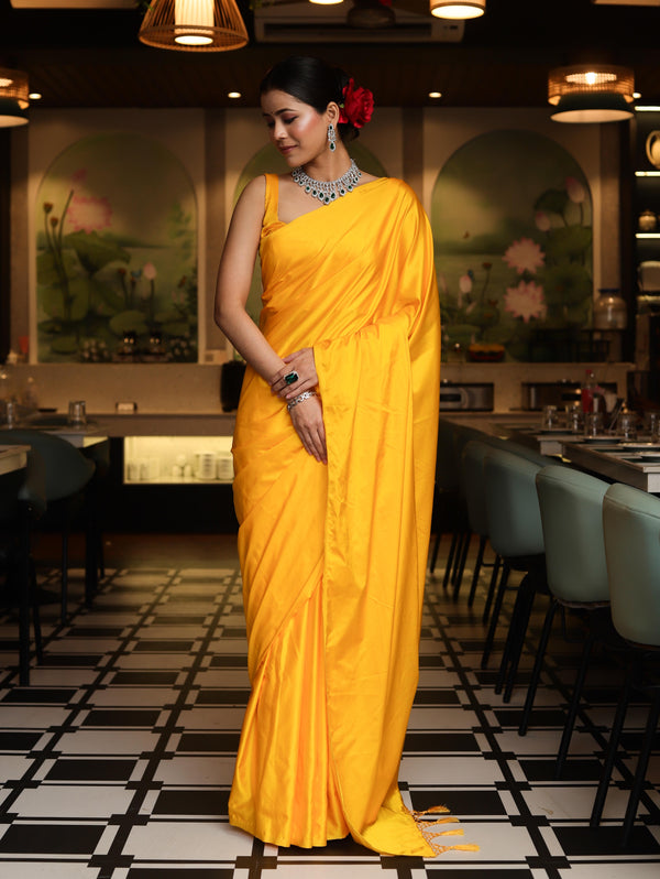 Banarasee Handloom Plain Mashru Silk Saree-Yellow