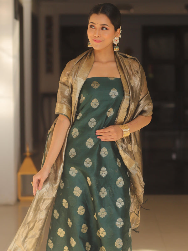 Banarasee Chanderi Zari Buti Salwar Kameez Fabric With Tissue Dupatta-Green
