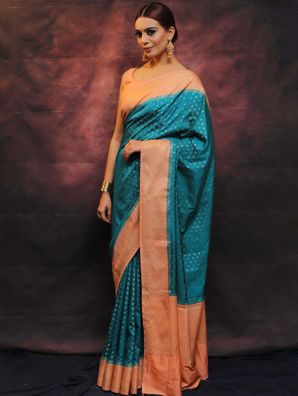 Banarasee Semi Silk Zari Buti Saree With Contrast Border-Blue & Peach