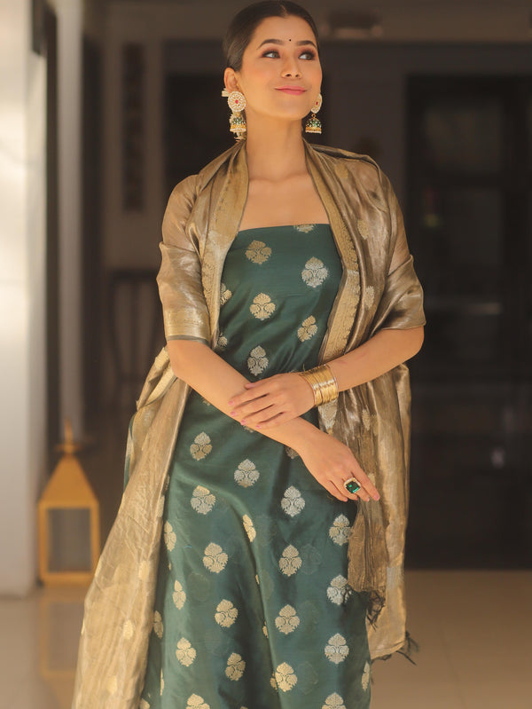 Banarasee Chanderi Zari Buti Salwar Kameez Fabric With Tissue Dupatta-Green