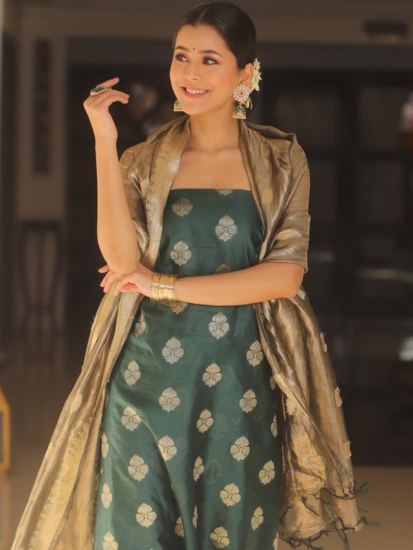 Banarasee Chanderi Zari Buti Salwar Kameez Fabric With Tissue Dupatta-Green