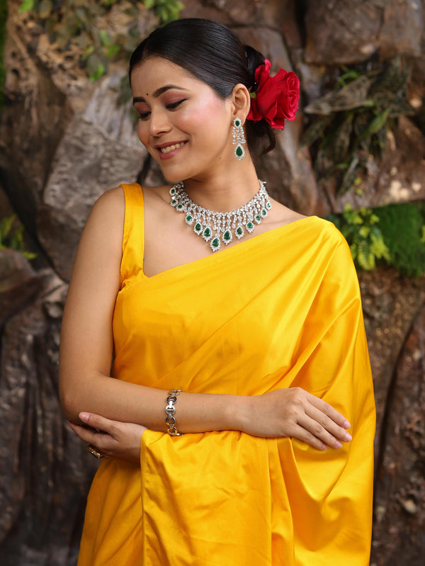 Banarasee Handloom Plain Mashru Silk Saree-Yellow