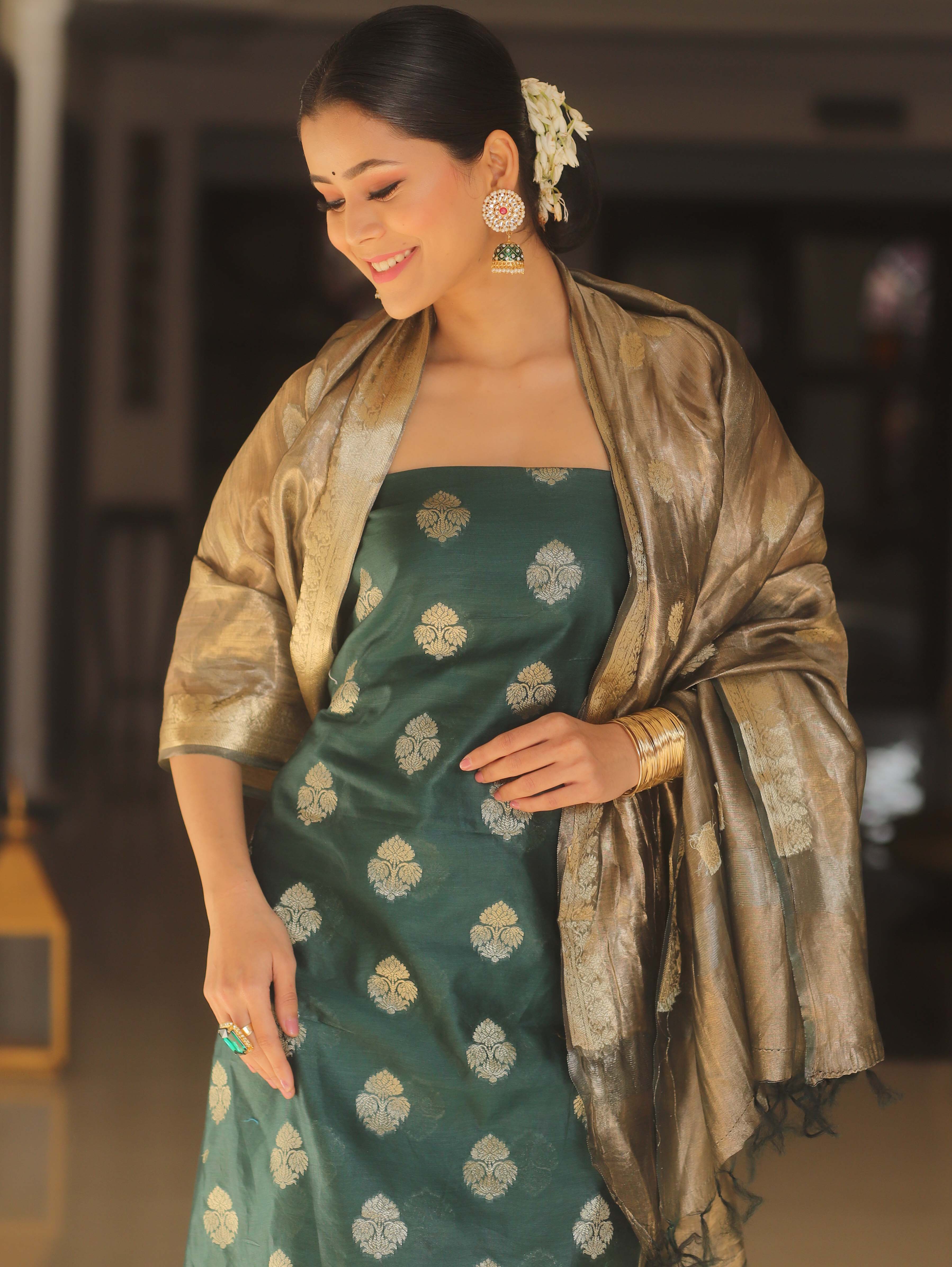 Banarasee Chanderi Zari Buti Salwar Kameez Fabric With Tissue Dupatta-Green