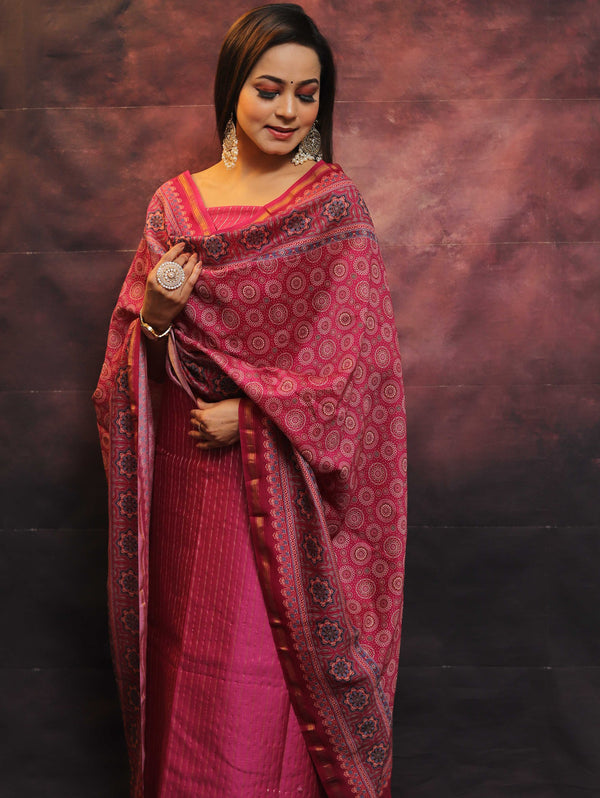 Banarasee Handloom Chanderi Silk Salwar Kameez With Zari Work & Digital Print Dupatta-Pink