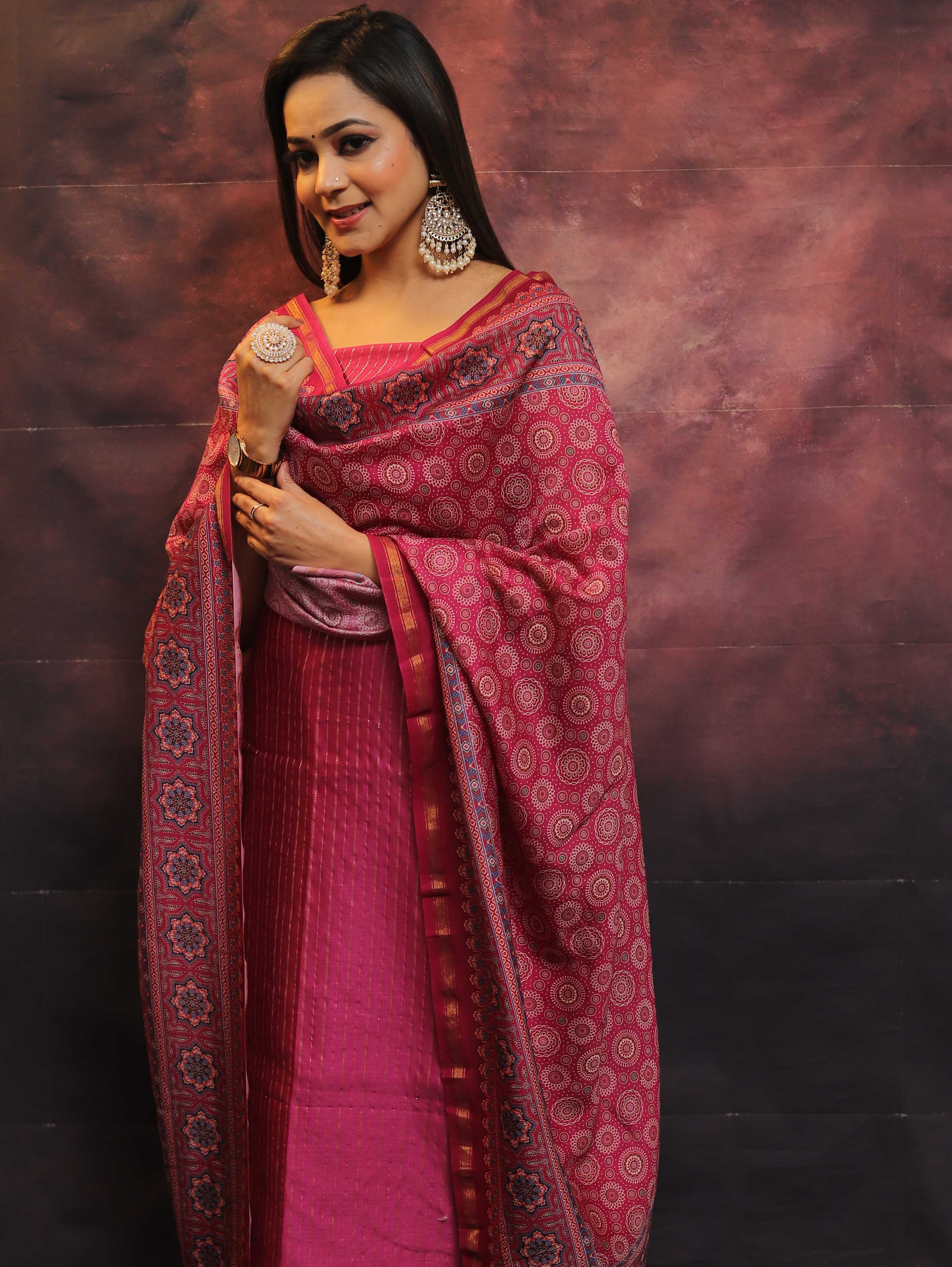 Banarasee Handloom Chanderi Silk Salwar Kameez With Zari Work & Digital Print Dupatta-Pink