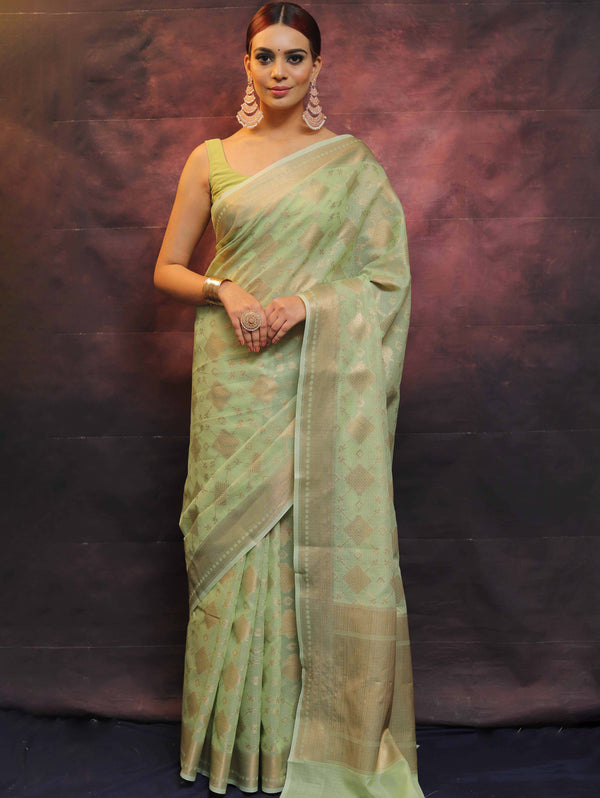 Banarasee Handwoven Pure Silk Cotton Saree With Antique Zari Buti & Border-Green