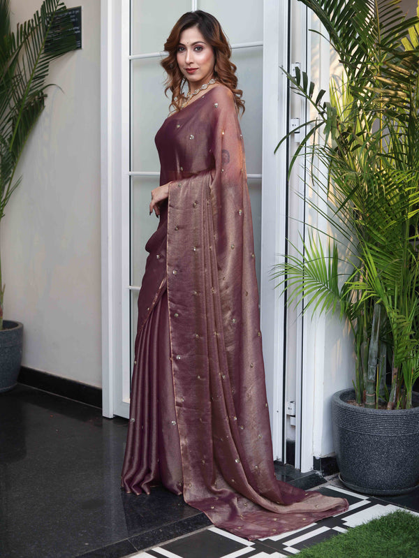 Banarasee Handwoven Shimmer Silk Saree With Handwoven Aari Motifs-Mauve