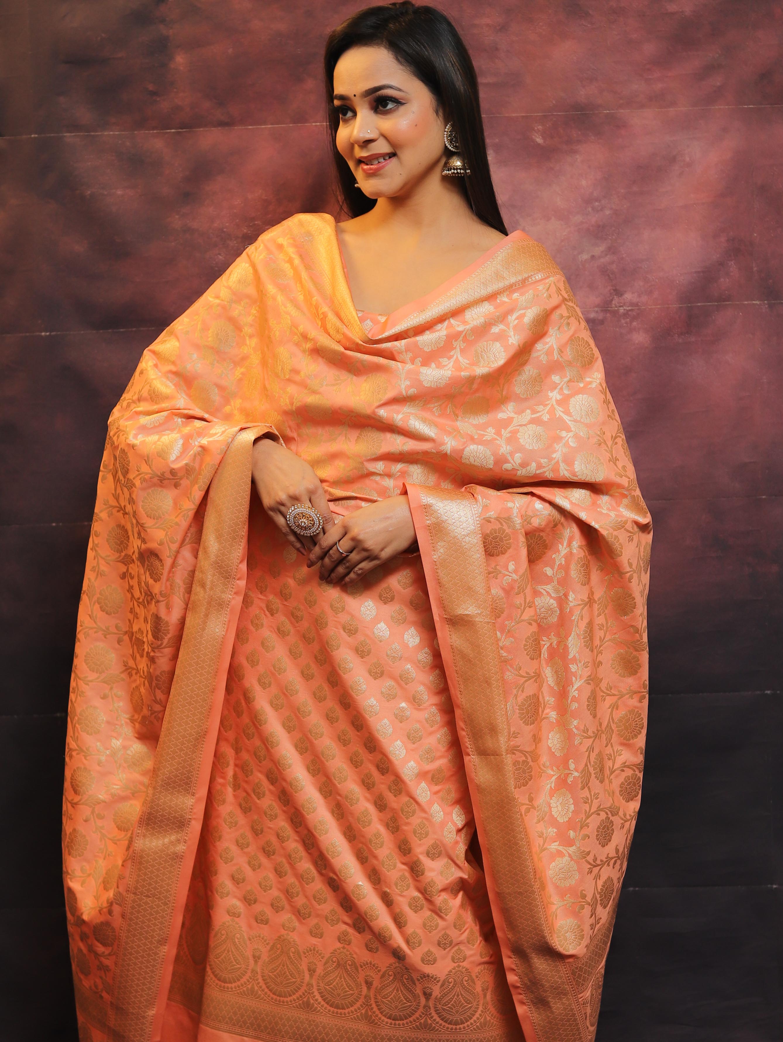 Banarasee Salwar Kameez Semi Katan Silk Fabric With Zari Work-Peach