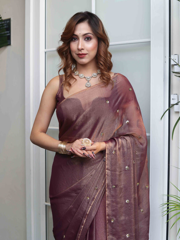 Banarasee Handwoven Shimmer Silk Saree With Handwoven Aari Motifs-Mauve