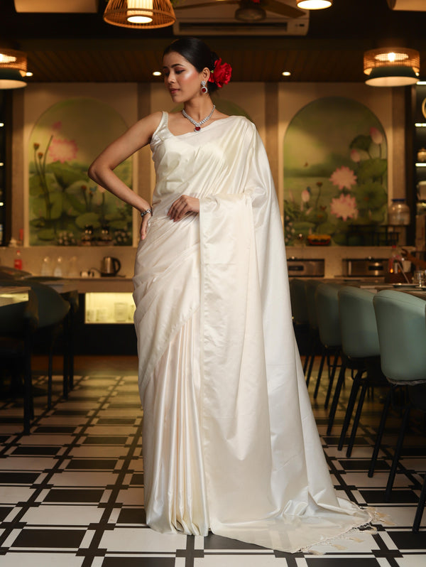 Banarasee Handloom Plain Mashru Silk Saree-Off White