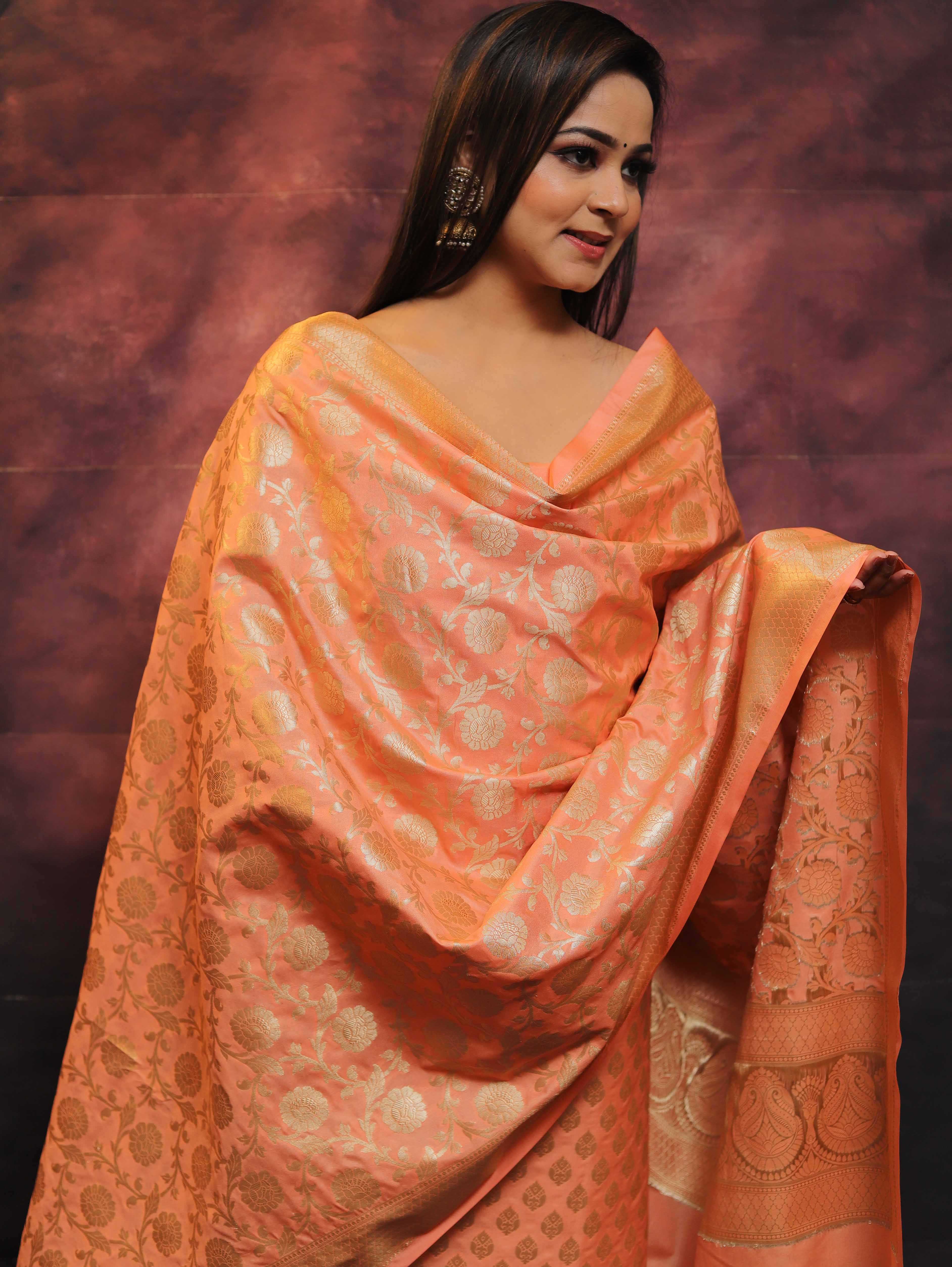 Banarasee Salwar Kameez Semi Katan Silk Fabric With Zari Work-Peach