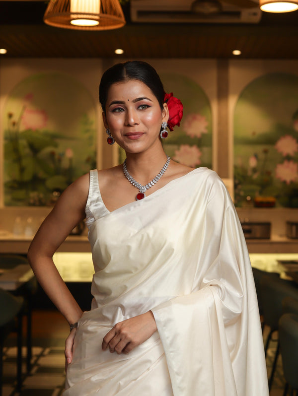 Banarasee Handloom Plain Mashru Silk Saree-Off White