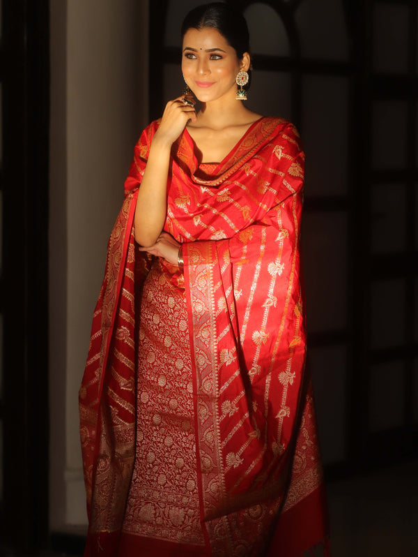 Banarasee Semi Katan Silk Salwar Kameez Fabric With Dupatta Zari Work-Red