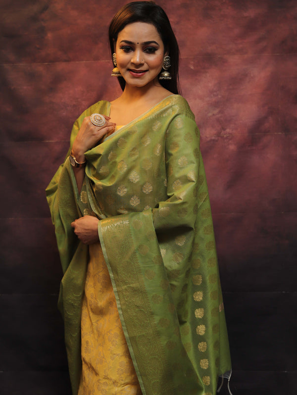 Banarasee Chanderi Cotton Salwar Kameez Set With Zari Work-Yellow & Green