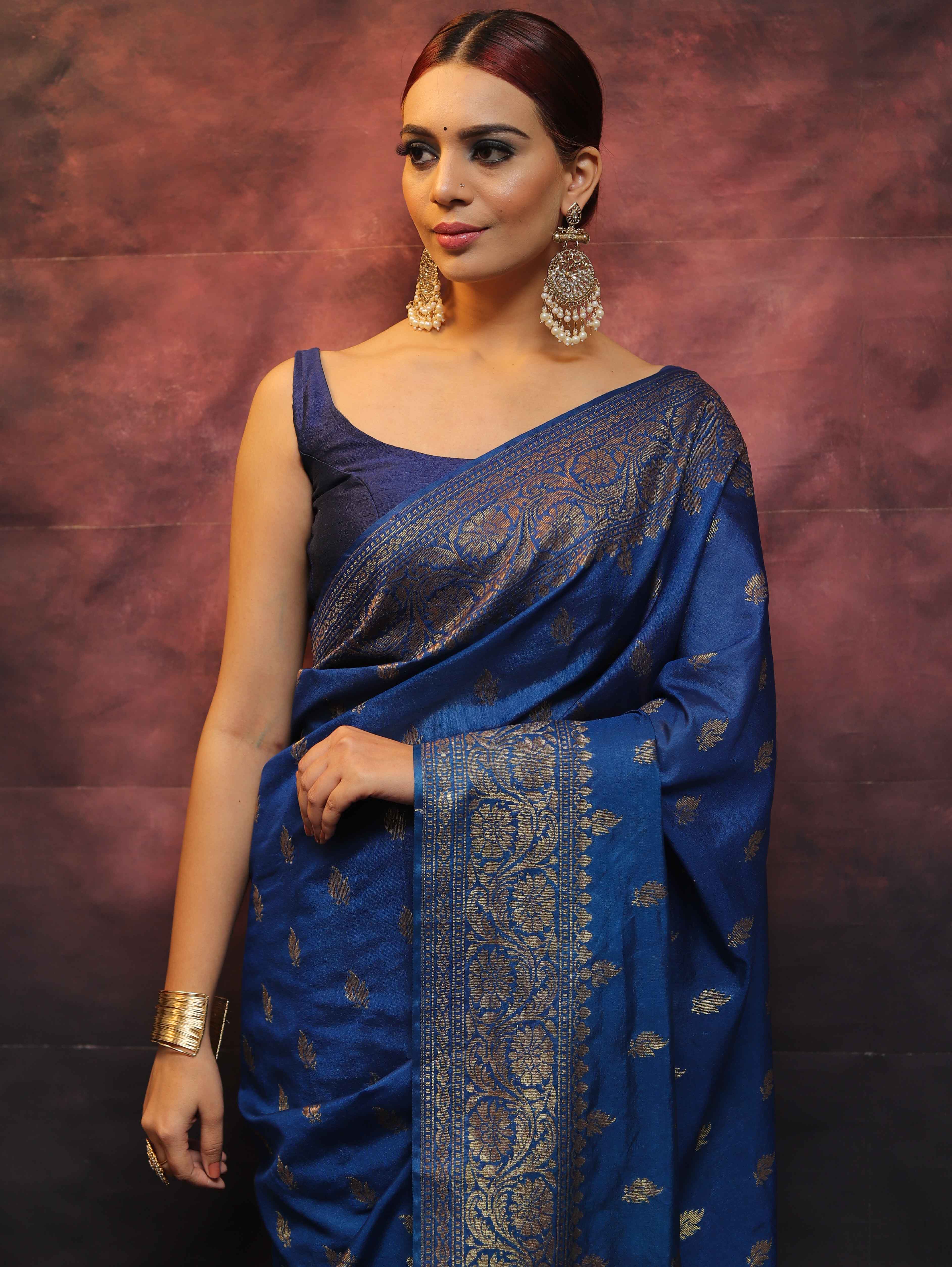 Banarasee Semi-Chiffon Saree With Antique Gold Zari Work-Cobalt Blue