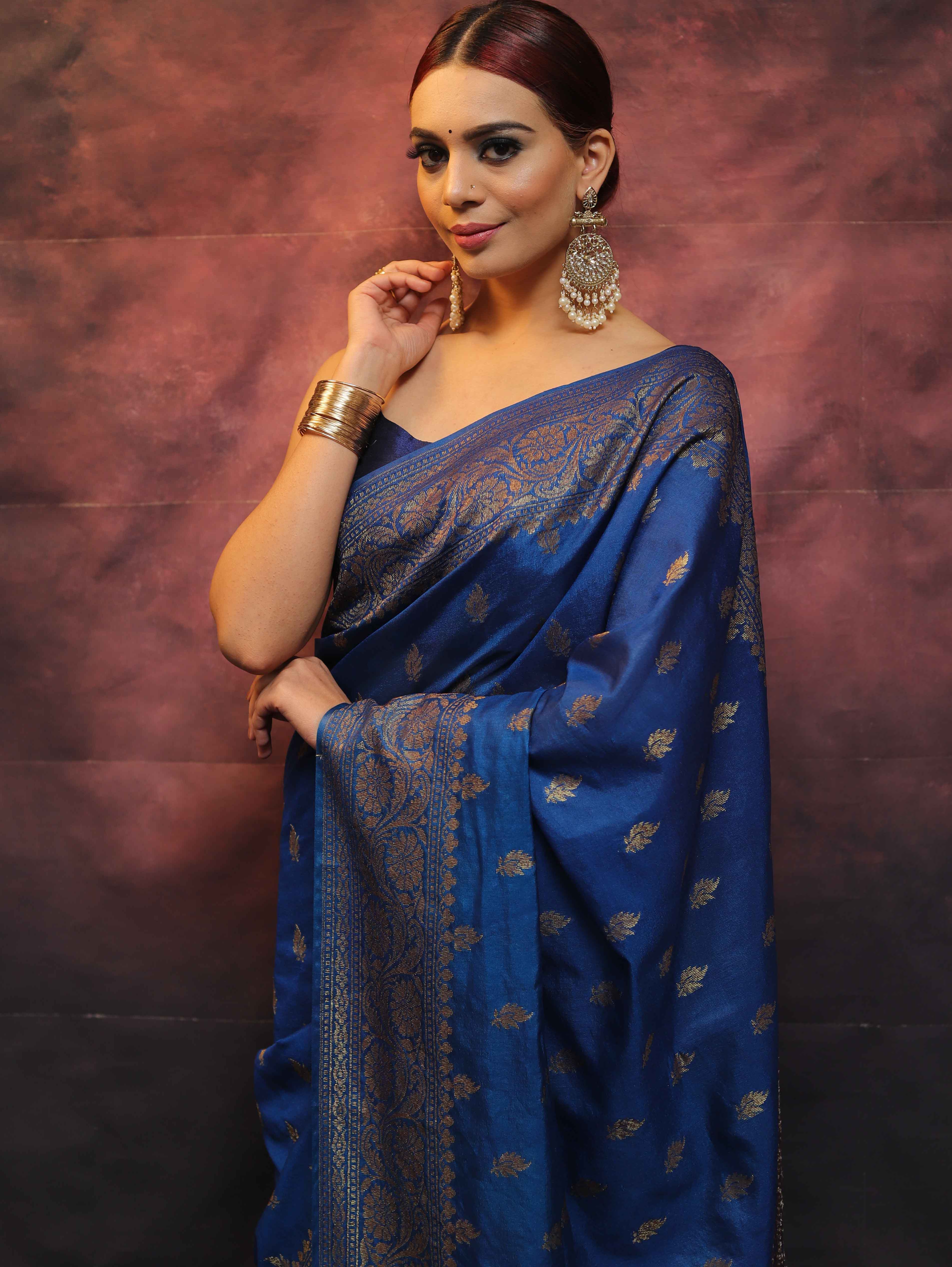 Banarasee Semi-Chiffon Saree With Antique Gold Zari Work-Cobalt Blue