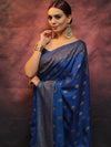 Banarasee Semi-Chiffon Saree With Antique Gold Zari Work-Cobalt Blue