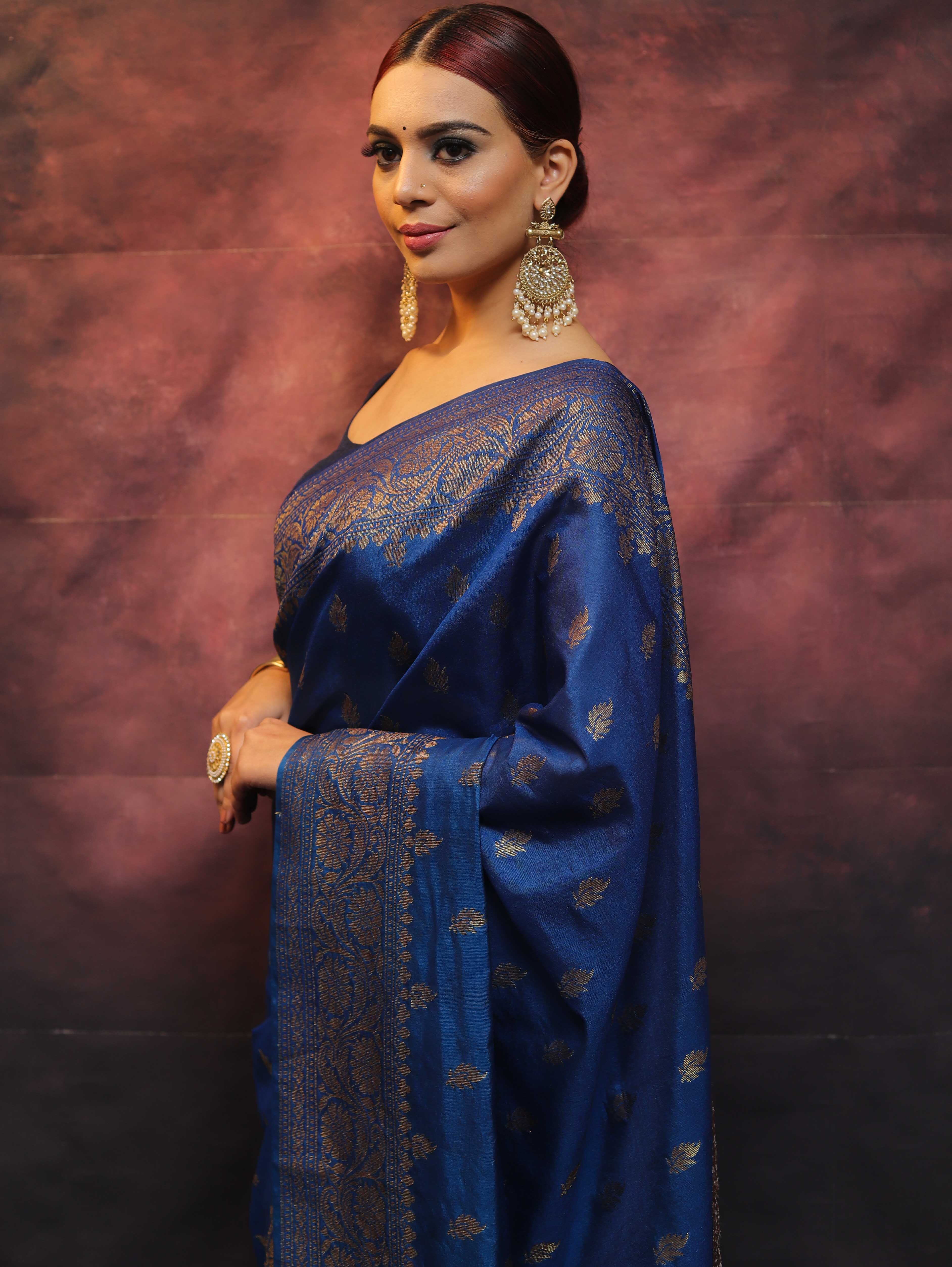 Banarasee Semi-Chiffon Saree With Antique Gold Zari Work-Cobalt Blue